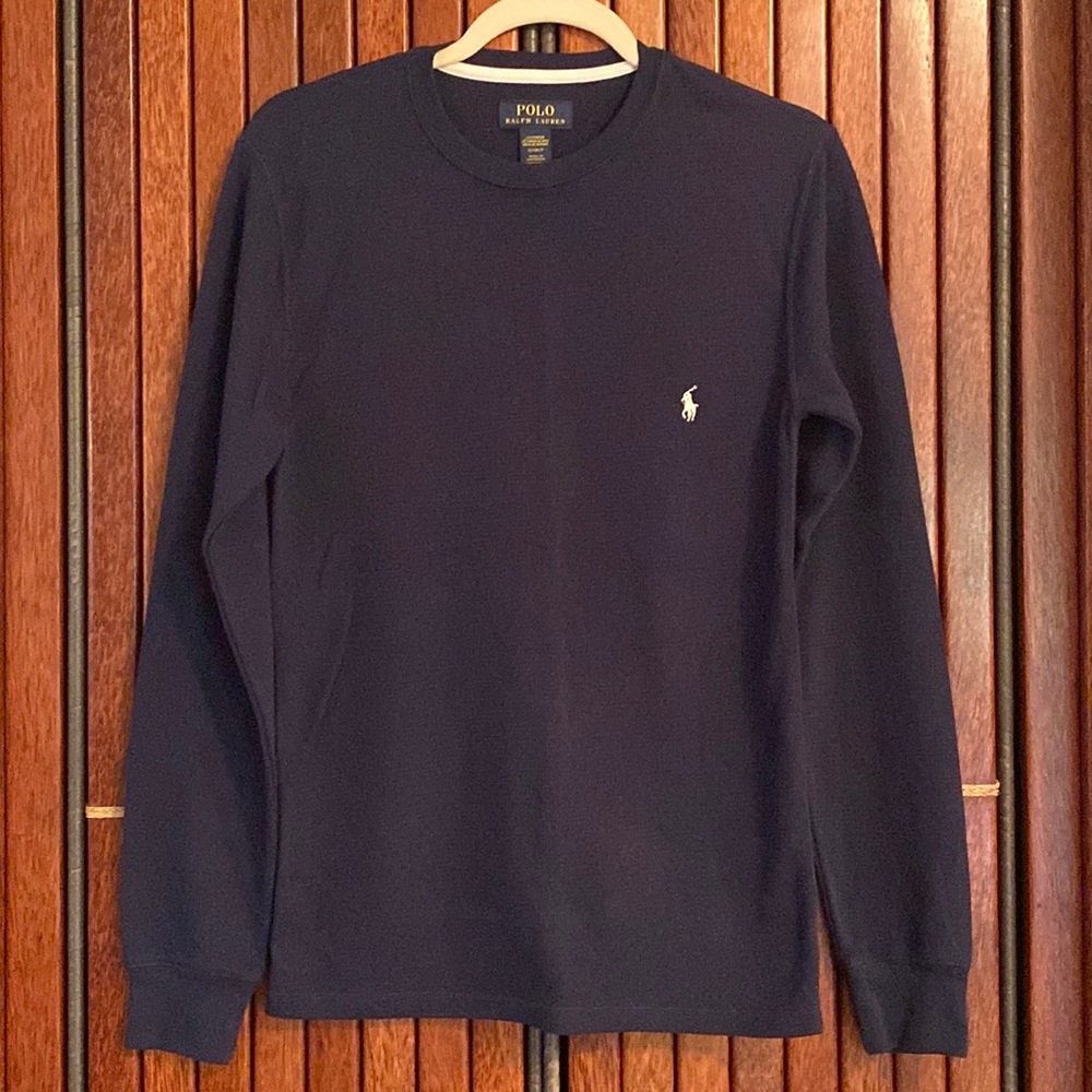 POLO RALPH LAUREN MEN’S NAVY BLUE WAFFLE-KNIT THERMAL PAJAMA LONG SLEEVE SHIRT